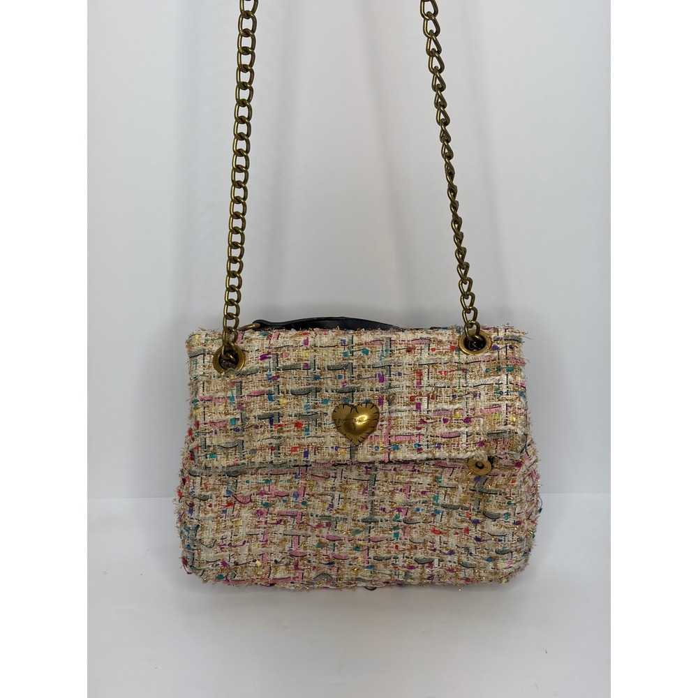 Betsey Johnson Multicolor Boucle Tweed Heart Crossbody Bag Gold Chain Strap